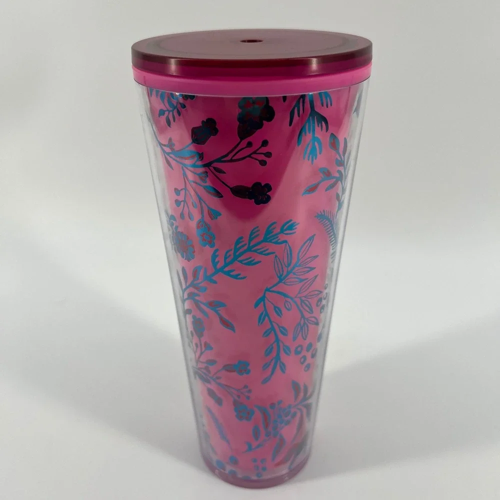Starbucks Tumbler Pink Plastic Cold Cup 24 oz 2022 Color‎ Changing Woodland Lace